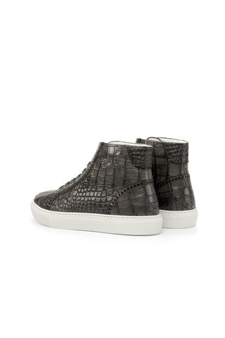 Ambrogio Handmade Gray Crocodile Embossed Leather Casual High-Top Sneakers (AMB2234)-AmbrogioShoes
