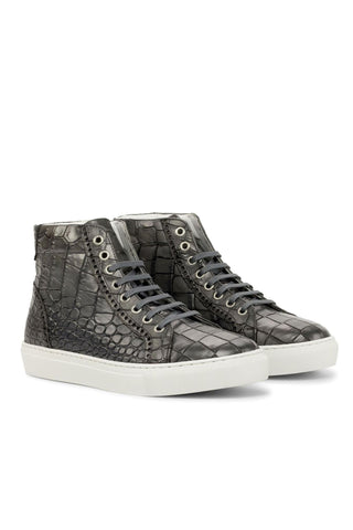 Ambrogio Handmade Gray Crocodile Embossed Leather Casual High-Top Sneakers (AMB2234)-AmbrogioShoes