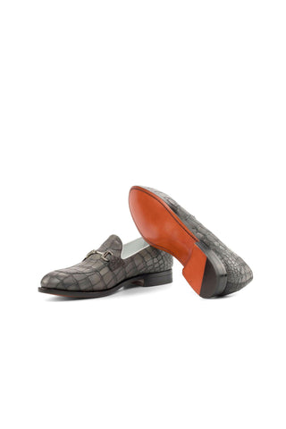 Ambrogio Handmade Gray Crocodile Embossed Leather Horsebit Loafers (AMB2233)-AmbrogioShoes