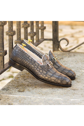 Ambrogio Handmade Gray Crocodile Embossed Leather Horsebit Loafers (AMB2233)-AmbrogioShoes