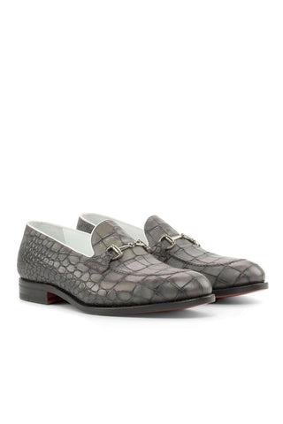 Ambrogio Handmade Gray Crocodile Embossed Leather Horsebit Loafers (AMB2233)-AmbrogioShoes