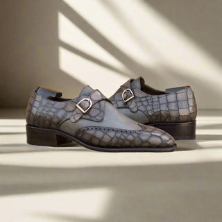 Ambrogio Handmade Gray Crocodile Print / Calf-Skin Leather Monk Strap (AMB2337)-AmbrogioShoes