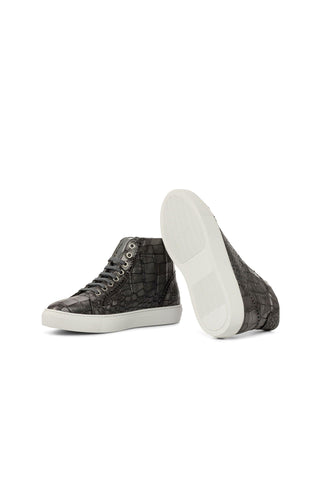 Ambrogio Handmade Gray Crocodile Print Leather Casual High-Top Sneakers (AMB2234)-AmbrogioShoes