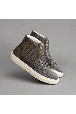 Ambrogio Handmade Gray Crocodile Print Leather Casual High-Top Sneakers (AMB2234)-AmbrogioShoes