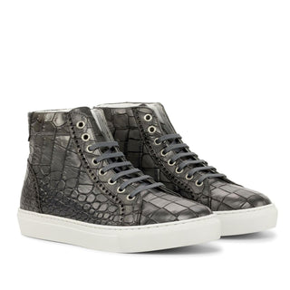 Ambrogio Handmade Gray Crocodile Print Leather Casual High-Top Sneakers (AMB2234)-AmbrogioShoes