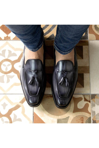 Ambrogio Handmade Gray Patina Leather Tassels Loafers (AMB2297)-AmbrogioShoes