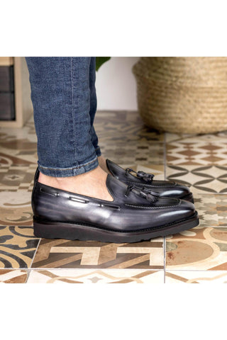 Ambrogio Handmade Gray Patina Leather Tassels Loafers (AMB2297)-AmbrogioShoes