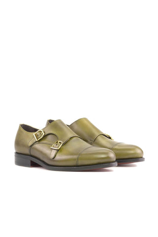 Ambrogio Handmade Green Calf-Skin Leather Cap-Toe Monk-Straps Loafers (AMB2331-AmbrogioShoes