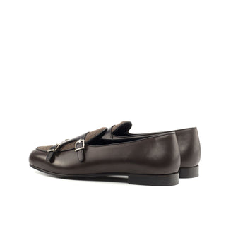 Ambrogio Handmade Men's Handmade Custom Made Shoes Black & Brown Flannel Fabric / Calf-Skin Leather Monk Slipper Loafers (AMB1283)-AmbrogioShoes