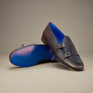 Ambrogio Handmade Men's Handmade Custom Made Shoes Black Crocodile Print / Calf-Skin Leather Monk Slipper Loafers (AMB1281)-AmbrogioShoes