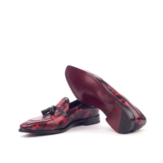 Ambrogio Handmade Men's Handmade Custom Made Shoes Black & Red Camo Patina Leather Tassels Loafers (AMB1263)-AmbrogioShoes