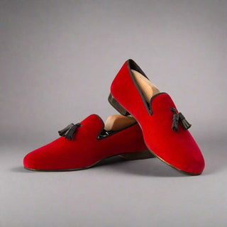 Ambrogio Handmade Men's Handmade Custom Made Shoes Black & Red Velvet / Calf-Skin Leather Tassels Wellington Loafers (AMB1321)-AmbrogioShoes
