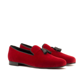 Ambrogio Handmade Men's Handmade Custom Made Shoes Black & Red Velvet / Calf-Skin Leather Tassels Wellington Loafers (AMB1321)-AmbrogioShoes