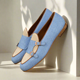 Ambrogio Handmade Men's Handmade Custom Made Shoes Blue & Beige Linen Fabric Monk Slipper Loafers (AMB1274)-AmbrogioShoes