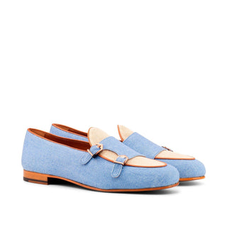 Ambrogio Handmade Men's Handmade Custom Made Shoes Blue & Beige Linen Fabric Monk Slipper Loafers (AMB1274)-AmbrogioShoes