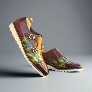 Ambrogio Handmade Men's Handmade Custom Made Shoes Brown / Burgundy / Green Patina Leather Monk-Straps Sneakers (AMB1251)-AmbrogioShoes