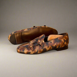 Ambrogio Handmade Men's Handmade Custom Made Shoes Brown Camo Patina Leather Monk Slipper Loafers (AMB1285)-AmbrogioShoes