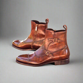 Ambrogio Handmade Men's Handmade Custom Made Shoes Brown Patina Leather Atticus Double Boots (AMB1254)-AmbrogioShoes