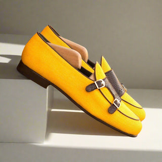 Ambrogio Handmade Men's Handmade Custom Made Shoes Brown & Yellow Exotic Snake-Skin / Linen Monk Slipper Loafers (AMB1277)-AmbrogioShoes