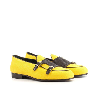 Ambrogio Handmade Men's Handmade Custom Made Shoes Brown & Yellow Exotic Snake-Skin / Linen Monk Slipper Loafers (AMB1277)-AmbrogioShoes