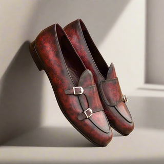 Ambrogio Handmade Men's Handmade Custom Made Shoes Burgundy Patina Leather Monk Slipper Loafers (AMB1265)-AmbrogioShoes
