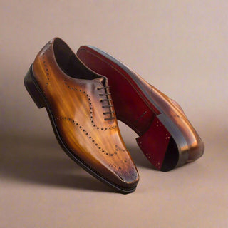Ambrogio Handmade Men's Handmade Custom Made Shoes Cognac Patina Leather Oxfords (AMB1300)-AmbrogioShoes
