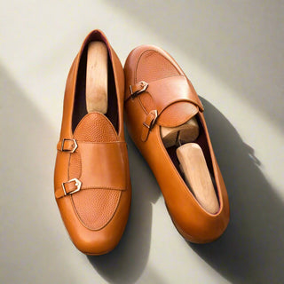 Ambrogio Handmade Men's Handmade Custom Made Shoes Cognac Pebble Grain / Calf-Skin Leather Monk Slipper Loafers (AMB1278)-AmbrogioShoes