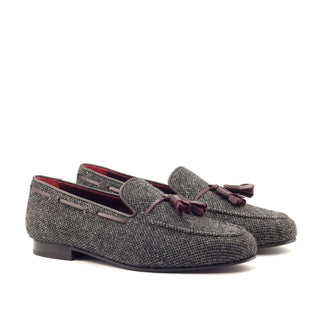 Ambrogio Handmade Men's Handmade Custom Made Shoes Gray & Brown Fabric / Calf-Skin Leather Wellington Tassels Loafers (AMB1312)-AmbrogioShoes