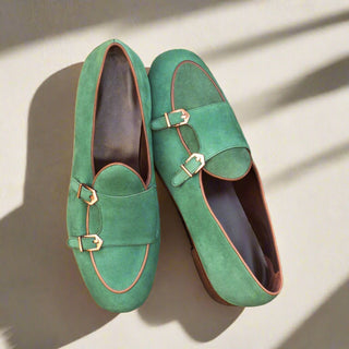 Ambrogio Handmade Men's Handmade Custom Made Shoes Green Suede Leather Monk Slipper Loafers (AMB1280)-AmbrogioShoes