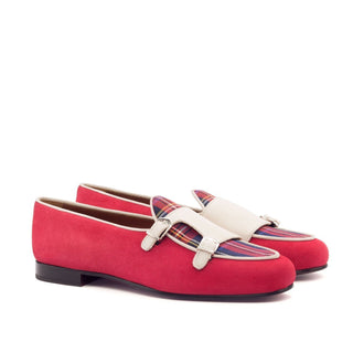 Ambrogio Handmade Men's Handmade Custom Made Shoes Ivory & Red Suede Leather Monk Slipper Loafers (AMB1264)-AmbrogioShoes