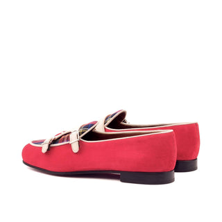 Ambrogio Handmade Men's Handmade Custom Made Shoes Ivory & Red Suede Monk Slipper Loafers (AMB1264)-AmbrogioShoes