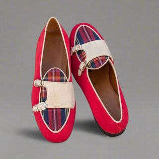 Ambrogio Handmade Men's Handmade Custom Made Shoes Ivory & Red Suede Monk Slipper Loafers (AMB1264)-AmbrogioShoes
