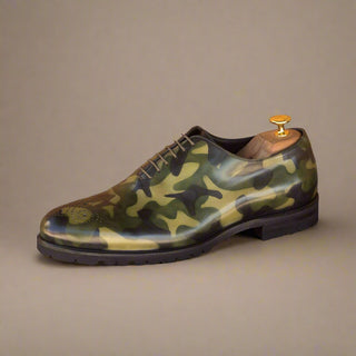Ambrogio Handmade Men's Handmade Custom Made Shoes Khaki Green Camo Patina Leather Oxfords (AMB1303)-AmbrogioShoes