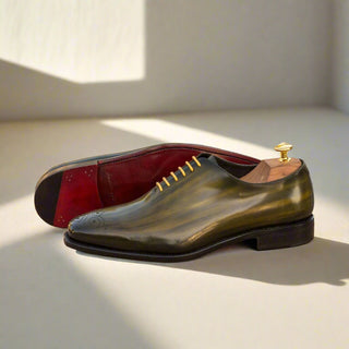 Ambrogio Handmade Men's Handmade Custom Made Shoes Khaki Green Patina Leather Oxfords (AMB1307)-AmbrogioShoes