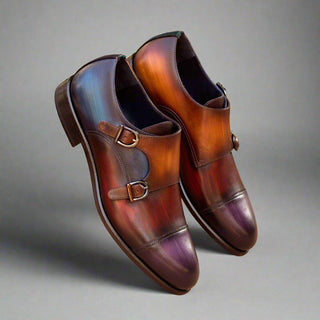 Ambrogio Handmade Men's Handmade Custom Made Shoes Multi-Color Patina Leather Monk-Straps Loafers (AMB1259)-AmbrogioShoes