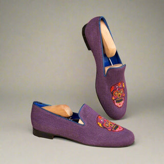 Ambrogio Handmade Men's Handmade Custom Made Shoes Purple Linen Fabric / Calf-Skin Leather Wellington Loafers (AMB1308)-AmbrogioShoes