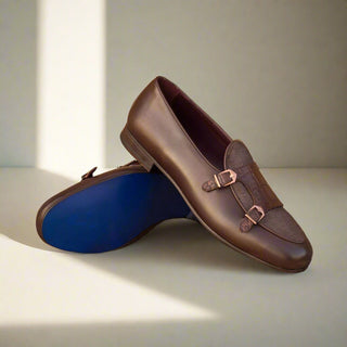 Ambrogio Handmade Men's Handmade Custom Made Shoes Two-Tone Brown Crocodile Print / Linen / Calf-Skin Leather Monk Slipper Loafers (AMB1273)-AmbrogioShoes