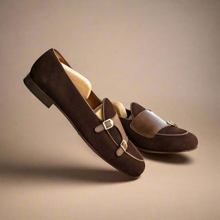 Ambrogio Handmade Men's Handmade Custom Made Shoes Two-Tone Brown Suede / Calf-Skin Leather Monk Slipper Loafers (AMB1279)-AmbrogioShoes