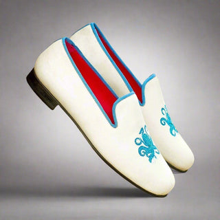 Ambrogio Handmade Men's Handmade Custom Made Shoes White & Blue Suede Leather Wellington Loafers (AMB1319)-AmbrogioShoes