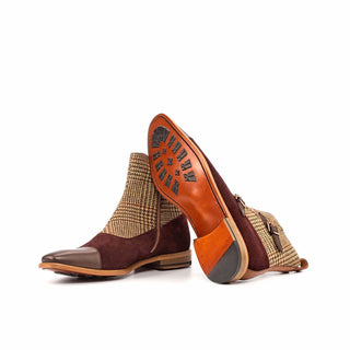 Ambrogio Handmade Men's Handmade Custom Shoes Beige, Brown & Burgundy Fabric / Suede / Calf-Skin Leather Buckle Boots (AMB1834)-AmbrogioShoes