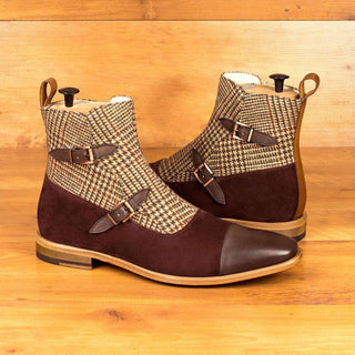 Ambrogio Handmade Men's Handmade Custom Shoes Beige, Brown & Burgundy Fabric / Suede / Calf-Skin Leather Buckle Boots (AMB1834)-AmbrogioShoes
