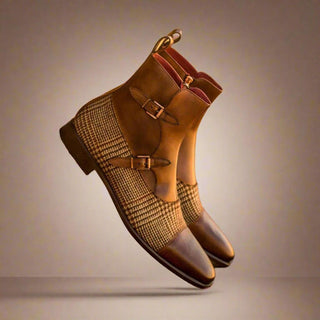 Ambrogio Handmade Men's Handmade Custom Shoes Beige & Brown Fabric / Calf-Skin Leather Atticus Double Buckle Boots (AMB1582)-AmbrogioShoes