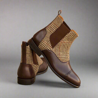 Ambrogio Handmade Men's Handmade Custom Shoes Beige & Brown Fabric / Calf-Skin Leather Chelsea Boots (AMB1716)-AmbrogioShoes