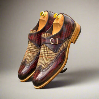 Ambrogio Handmade Men's Handmade Custom Shoes Beige & Burgundy Fabric / Patina Leather Monk Strap (AMB1402)-AmbrogioShoes