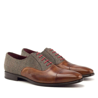 Ambrogio Handmade Men's Handmade Custom Shoes Beige & Cognac Fabric / Calf-Skin Leather Oxfords (AMB1722)-AmbrogioShoes