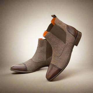 Ambrogio Handmade Men's Handmade Custom Shoes Beige & Dark Brown Fabric / Calf-Skin Leather Chelsea Boots (AMB1783)-AmbrogioShoes