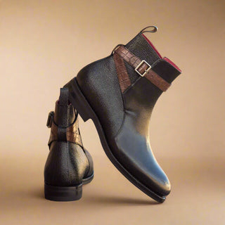Ambrogio Handmade Men's Handmade Custom Shoes Black & Brown Crocodile Print / Pebble Grain / Calf-Skin Leather Jodhpur Boots (AMB1451)-AmbrogioShoes