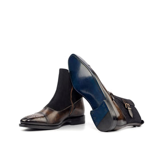 Ambrogio Handmade Men's Handmade Custom Shoes Black & Brown Suede/ Patina Leather Buckle Boots (AMB1823)-AmbrogioShoes