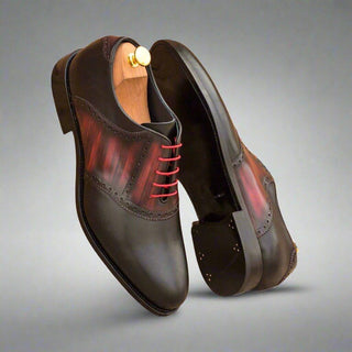 Ambrogio Handmade Men's Handmade Custom Shoes Black & Burgundy Patina / Calf-Skin Leather Saddle Oxfords (AMB1330)-AmbrogioShoes