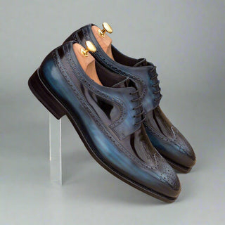 Ambrogio Handmade Men's Handmade Custom Shoes Black & Denim Blue Patent / Patina Leather Longwing Blucher Oxfords (AMB1381)-AmbrogioShoes
